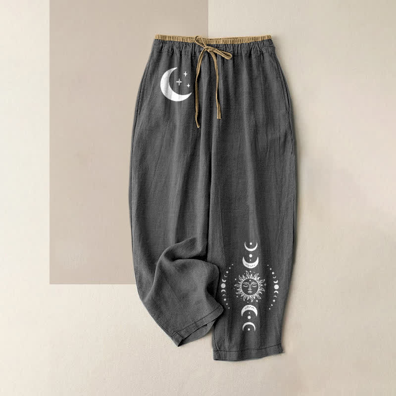 Nimara Ritual Pure Cotton Elegant Celestial Moon Phase Pattern Women's Elastic Waist Pants With Pockets