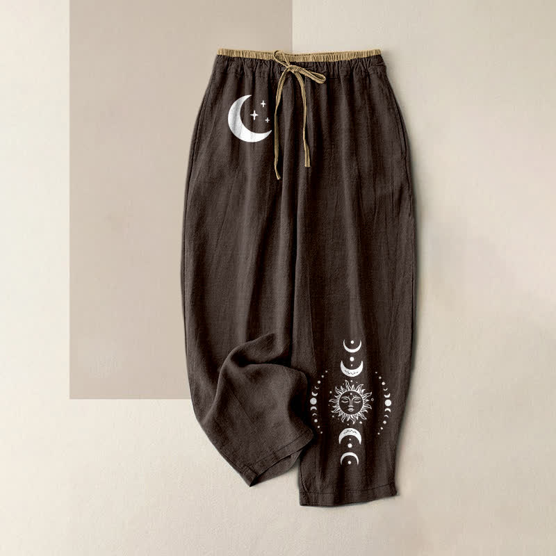 Nimara Ritual Pure Cotton Elegant Celestial Moon Phase Pattern Women's Elastic Waist Pants With Pockets