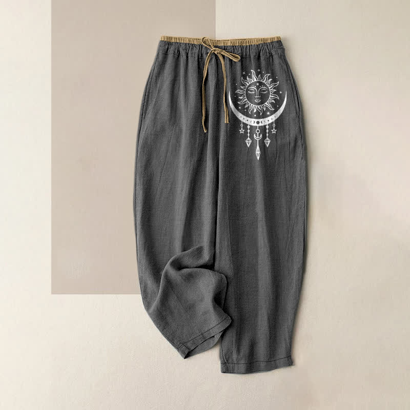 Nimara Ritual Pure Cotton Celestial Sun Moon Pattern Women's Elastic Waist Pants With Pockets