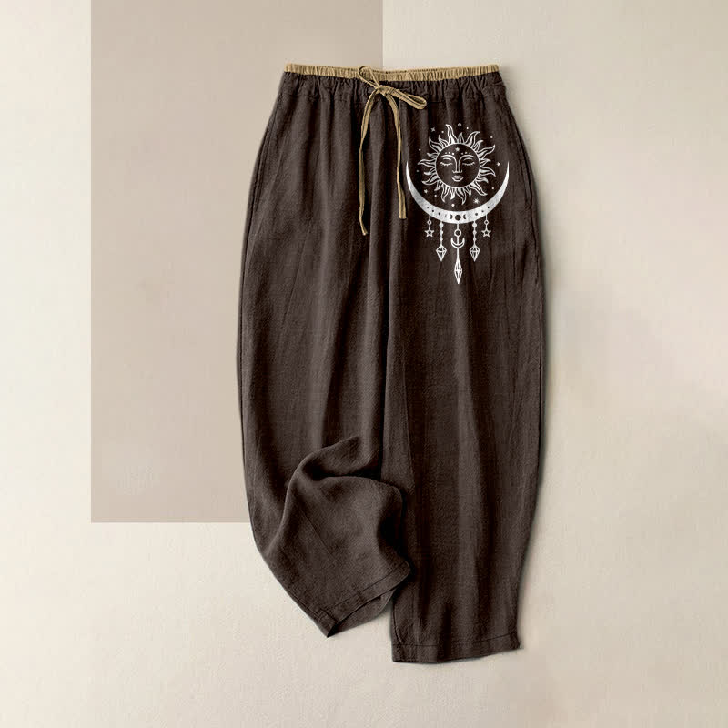 Nimara Ritual Pure Cotton Celestial Sun Moon Pattern Women's Elastic Waist Pants With Pockets