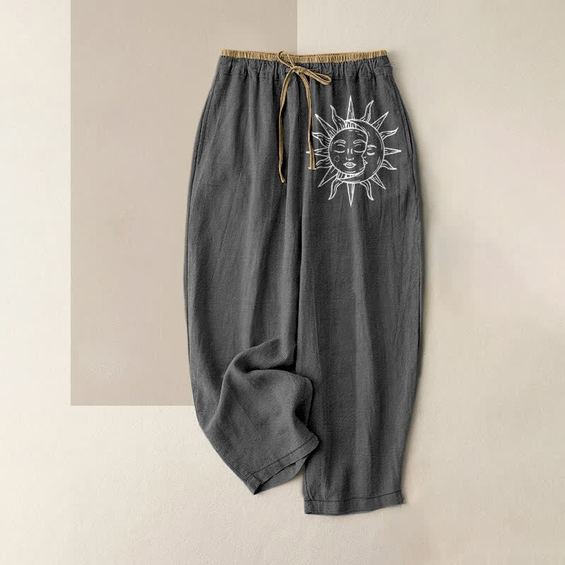 Nimara Ritual Pure Cotton Celestial Sun Pattern Women's Elastic Waist Pants With Pockets