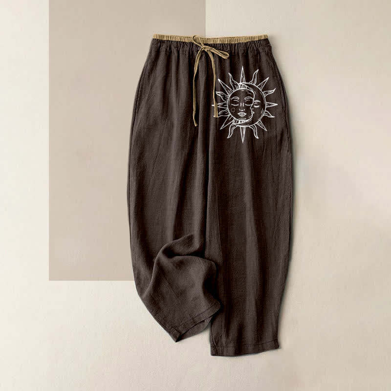 Nimara Ritual Pure Cotton Celestial Sun Pattern Women's Elastic Waist Pants With Pockets