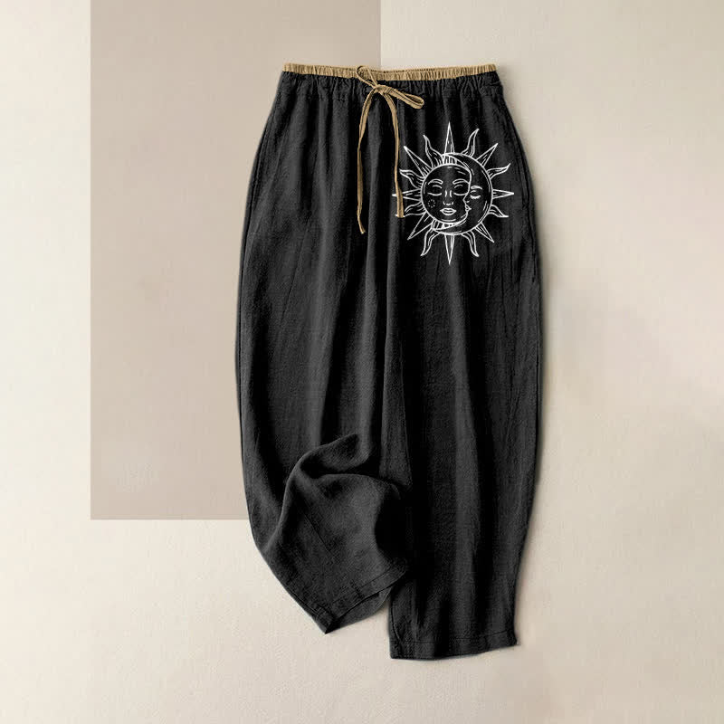 Nimara Ritual Pure Cotton Celestial Sun Pattern Women's Elastic Waist Pants With Pockets