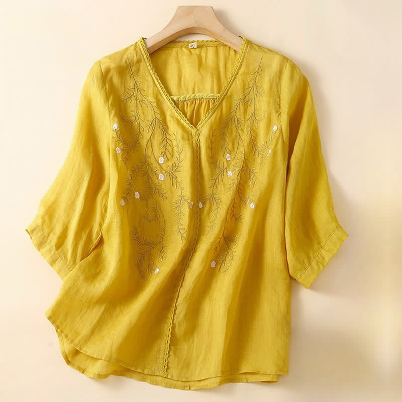 Nimara Ritual Summer Casual Flower Branches Embroidered Pattern V-Neck Half Sleeve Women's T-shirt