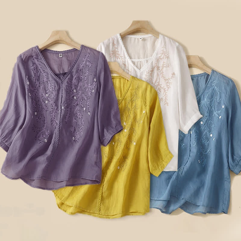 Nimara Ritual Summer Casual Flower Branches Embroidered Pattern V-Neck Half Sleeve Women's T-shirt