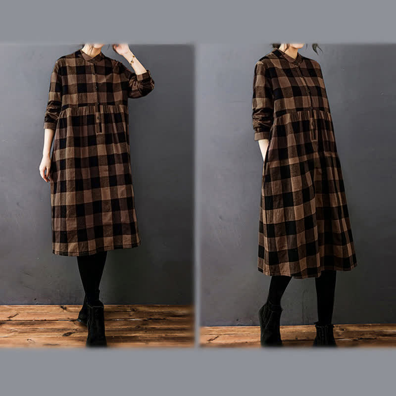 Nimara Ritual Commute Patchwork Color Plaid Long Sleeve Midi Dress