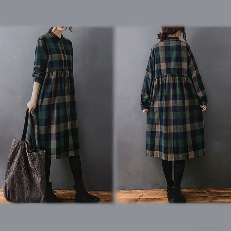 Nimara Ritual Commute Patchwork Color Plaid Long Sleeve Midi Dress
