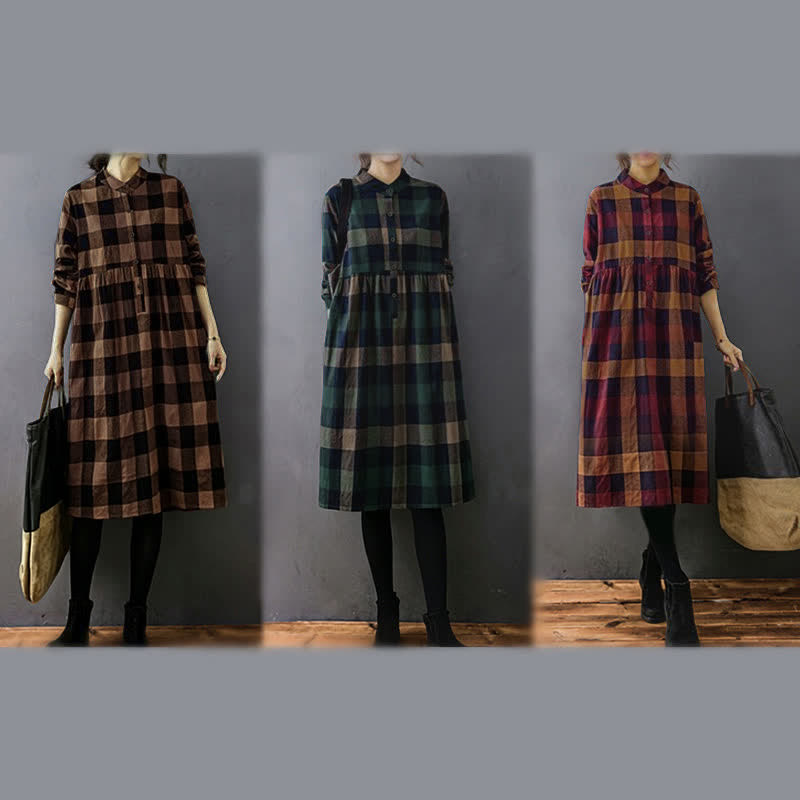 Nimara Ritual Commute Patchwork Color Plaid Long Sleeve Midi Dress