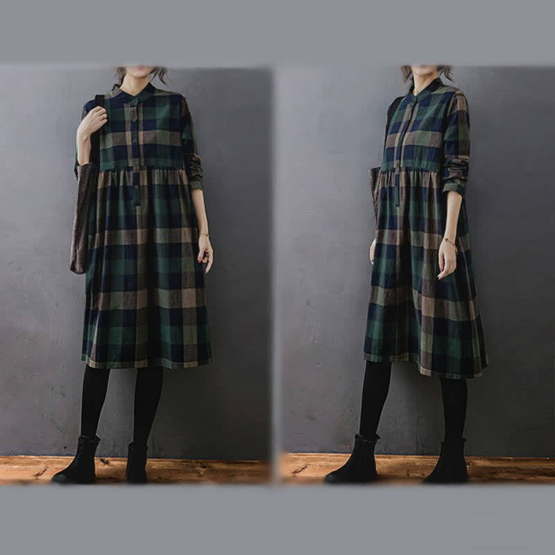 Nimara Ritual Commute Patchwork Color Plaid Long Sleeve Midi Dress