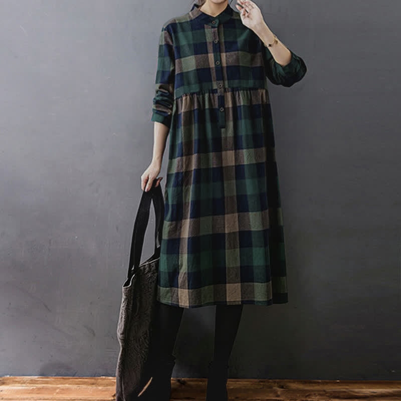 Nimara Ritual Commute Patchwork Color Plaid Long Sleeve Midi Dress