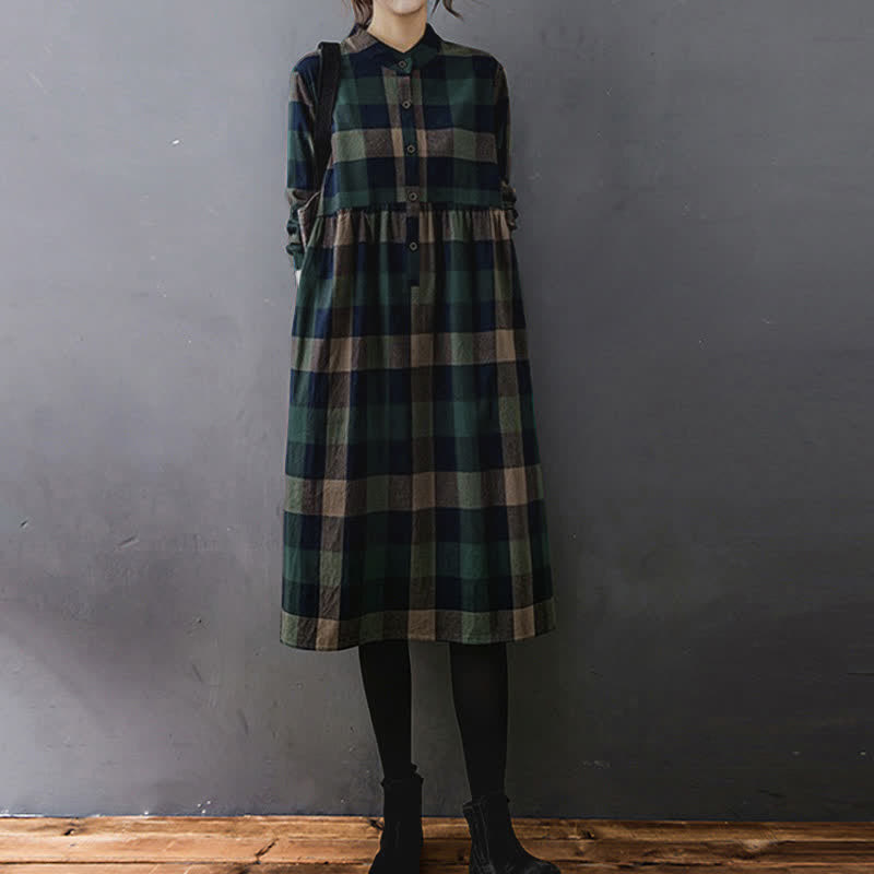 Nimara Ritual Commute Patchwork Color Plaid Long Sleeve Midi Dress