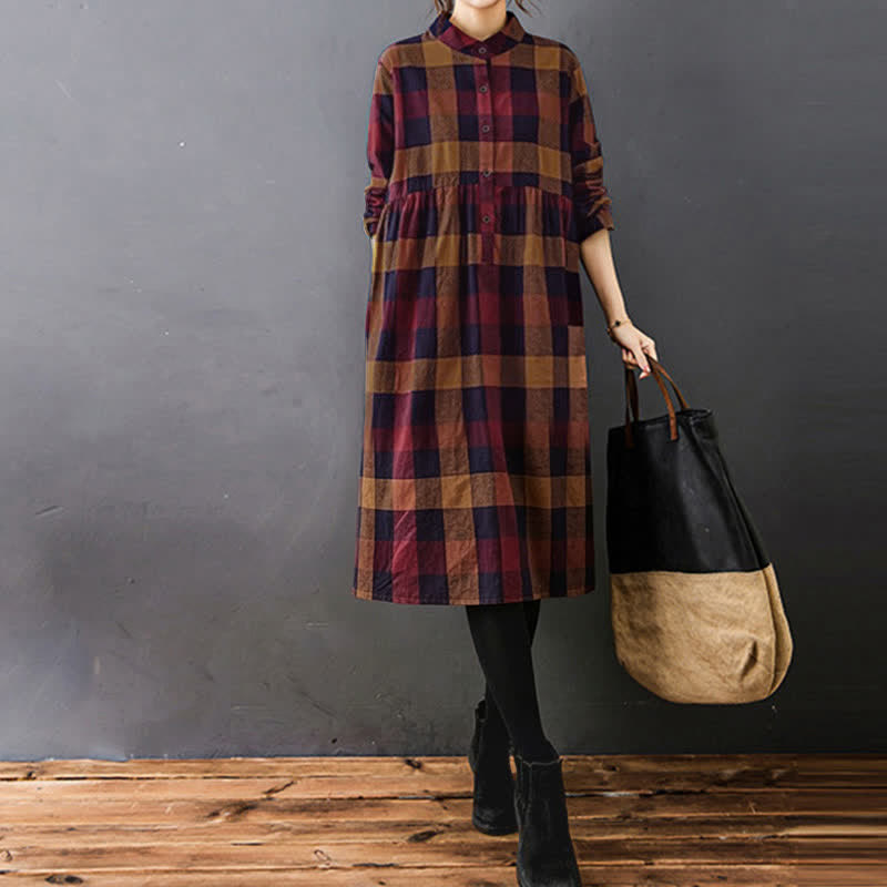 Nimara Ritual Commute Patchwork Color Plaid Long Sleeve Midi Dress