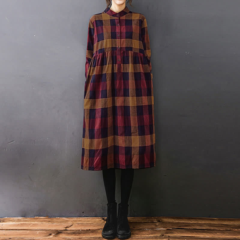 Nimara Ritual Commute Patchwork Color Plaid Long Sleeve Midi Dress