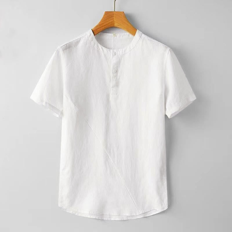 Nimara Ritual Solid Color Short Sleeve Two Top Buttons Polyseter Linen Men's Shirt