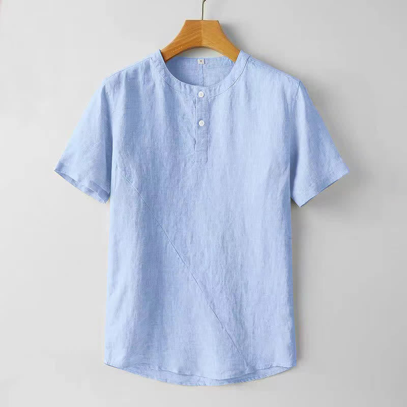 Nimara Ritual Solid Color Short Sleeve Two Top Buttons Polyseter Linen Men's Shirt