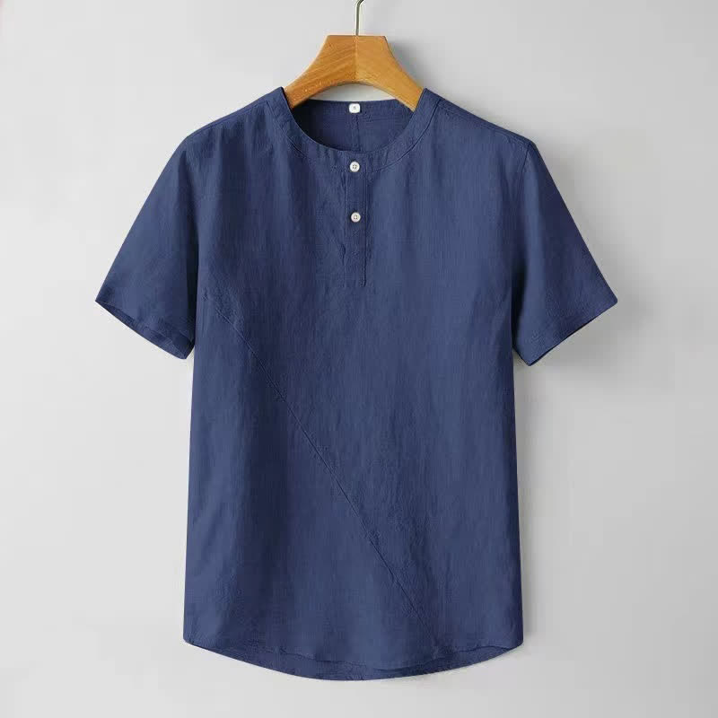 Nimara Ritual Solid Color Short Sleeve Two Top Buttons Polyseter Linen Men's Shirt