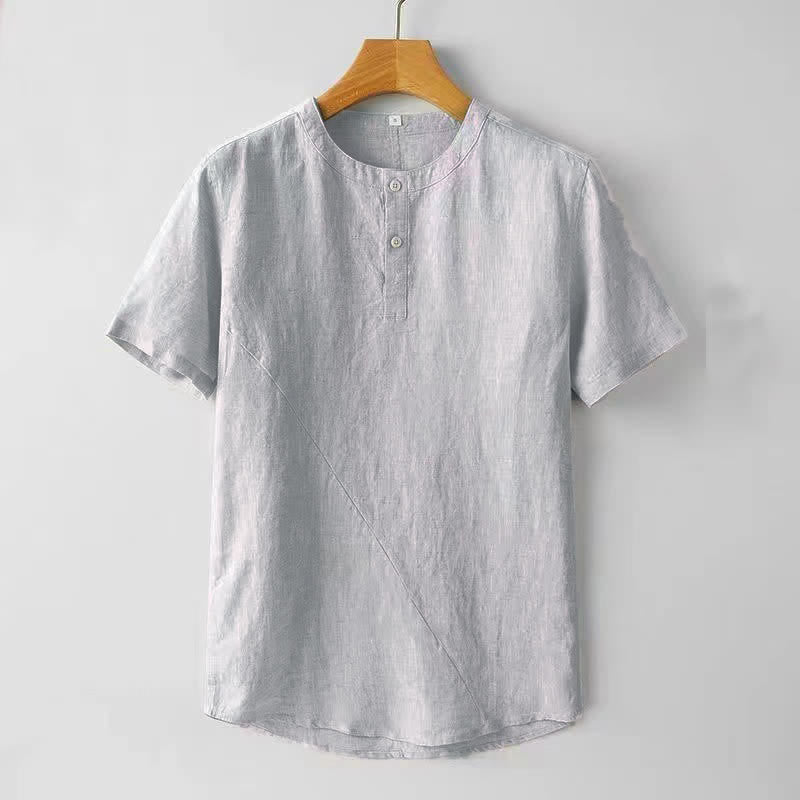 Nimara Ritual Solid Color Short Sleeve Two Top Buttons Polyseter Linen Men's Shirt