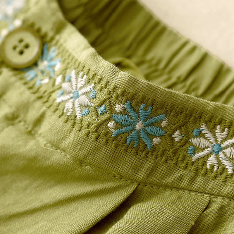 Nimara Ritual Summer Casual Embroidery Flower Pleated Zipper Button Polyester Women's Shorts With Pockets