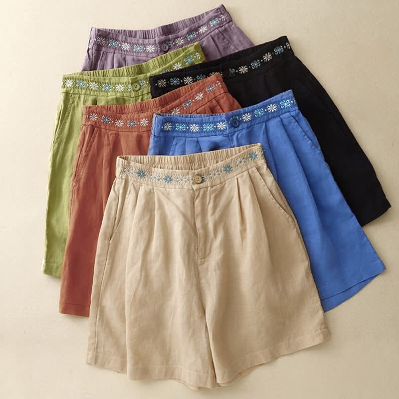 Nimara Ritual Summer Casual Embroidery Flower Pleated Zipper Button Polyester Women's Shorts With Pockets