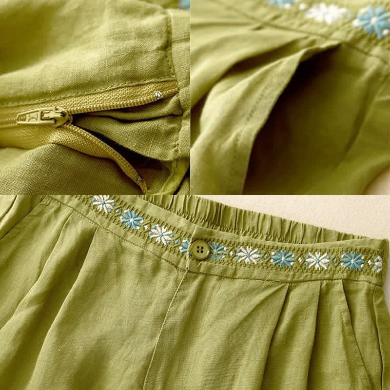 Nimara Ritual Summer Casual Embroidery Flower Pleated Zipper Button Polyester Women's Shorts With Pockets