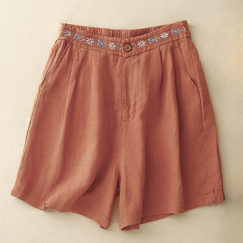 Nimara Ritual Summer Casual Embroidery Flower Pleated Zipper Button Polyester Women's Shorts With Pockets