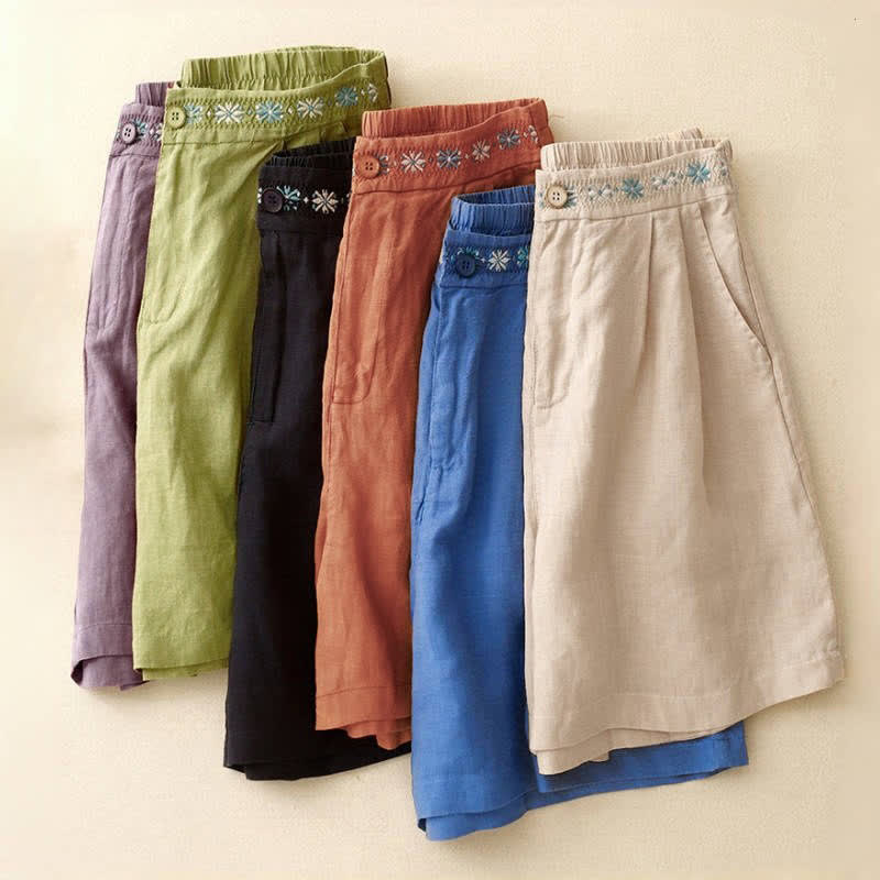 Nimara Ritual Summer Casual Embroidery Flower Pleated Zipper Button Polyester Women's Shorts With Pockets