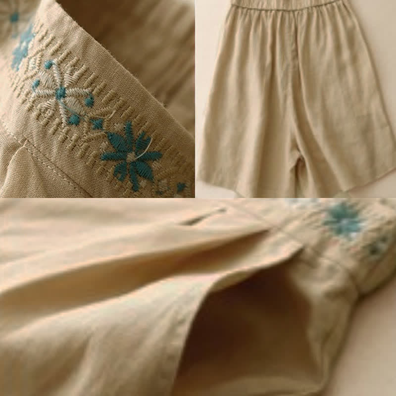 Nimara Ritual Summer Casual Embroidery Flower Pleated Zipper Button Polyester Women's Shorts With Pockets