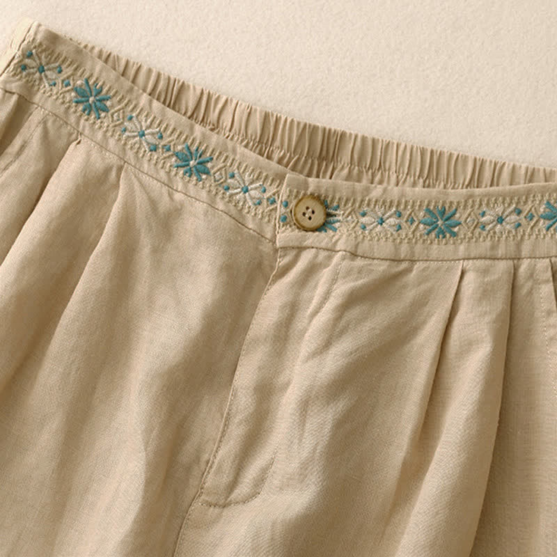 Nimara Ritual Summer Casual Embroidery Flower Pleated Zipper Button Polyester Women's Shorts With Pockets