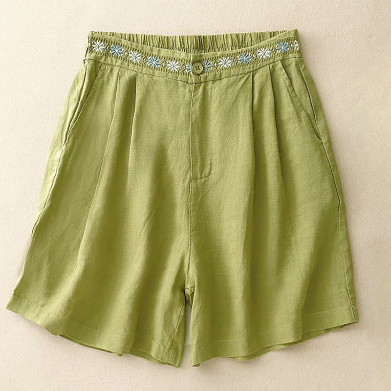 Nimara Ritual Summer Casual Embroidery Flower Pleated Zipper Button Polyester Women's Shorts With Pockets