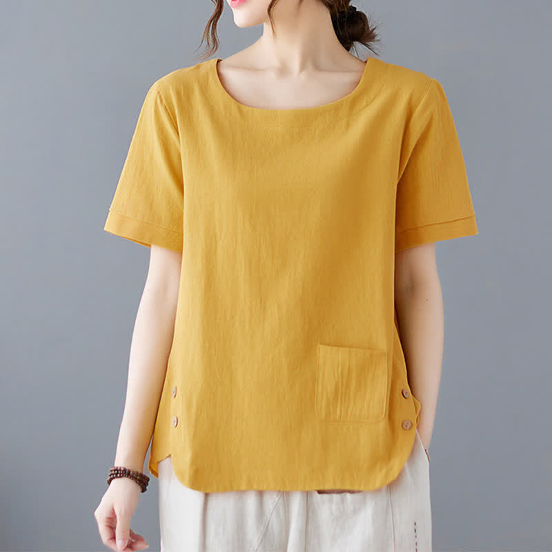 Nimara Ritual Side Slit Design Women's Cotton Polyester Crew Neck Short Sleeve T-Shirt Wtih Pocket