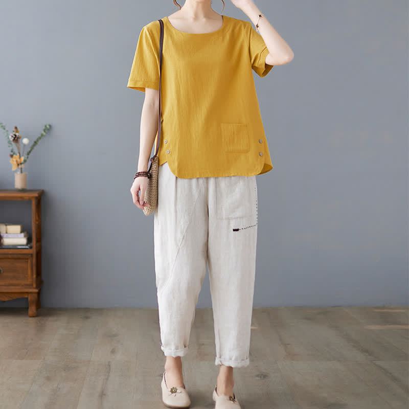 Nimara Ritual Side Slit Design Women's Cotton Polyester Crew Neck Short Sleeve T-Shirt Wtih Pocket