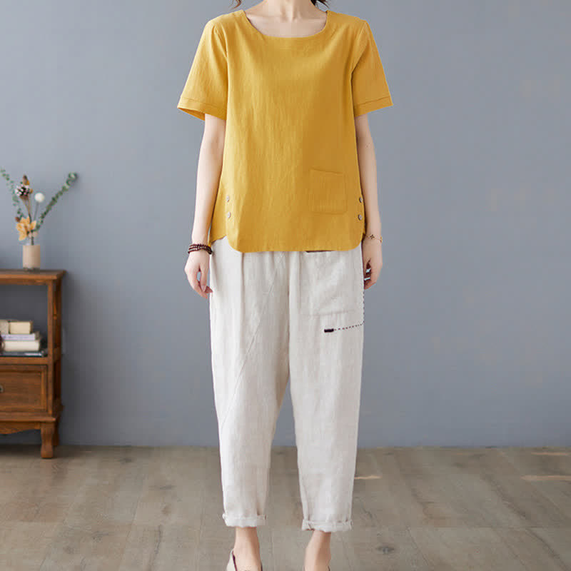 Nimara Ritual Side Slit Design Women's Cotton Polyester Crew Neck Short Sleeve T-Shirt Wtih Pocket