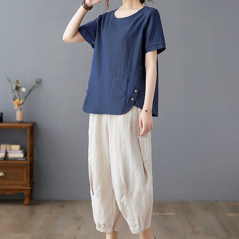 Nimara Ritual Side Slit Design Women's Cotton Polyester Crew Neck Short Sleeve T-Shirt Wtih Pocket