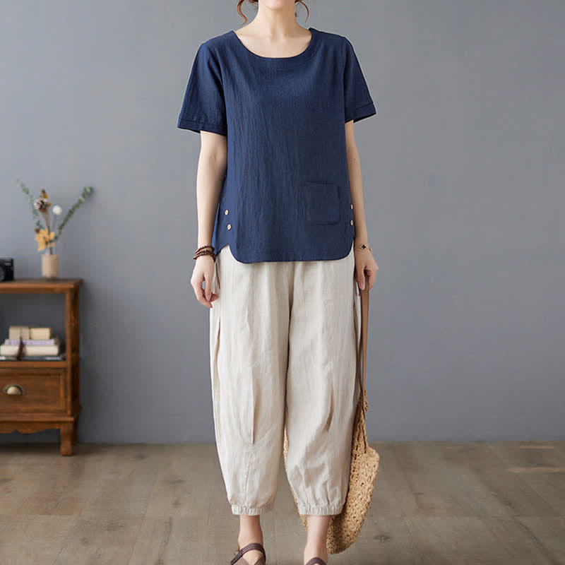 Nimara Ritual Side Slit Design Women's Cotton Polyester Crew Neck Short Sleeve T-Shirt Wtih Pocket