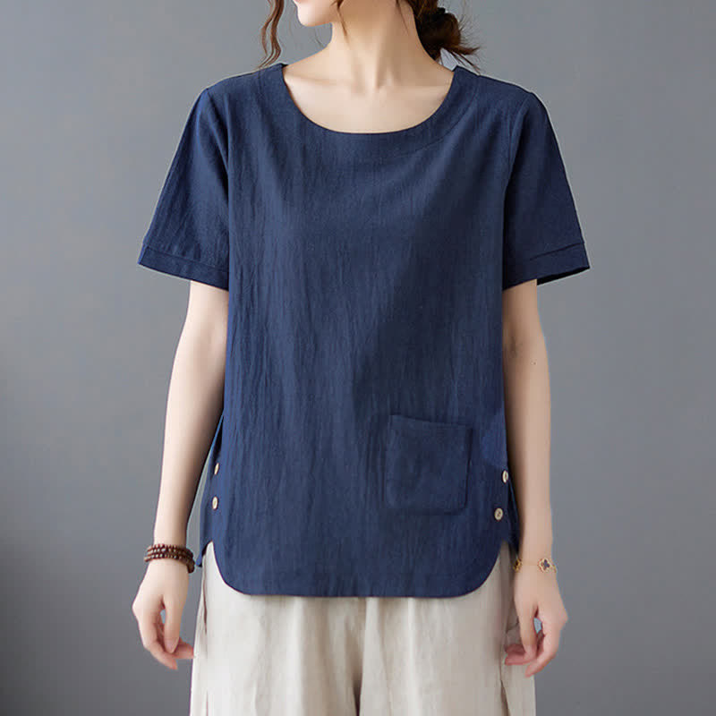 Nimara Ritual Side Slit Design Women's Cotton Polyester Crew Neck Short Sleeve T-Shirt Wtih Pocket