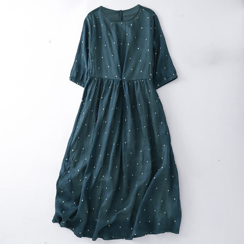 Nimara Ritual Back Button Dot Pattern Half Sleeve Polyester Midi Dress With Pockets