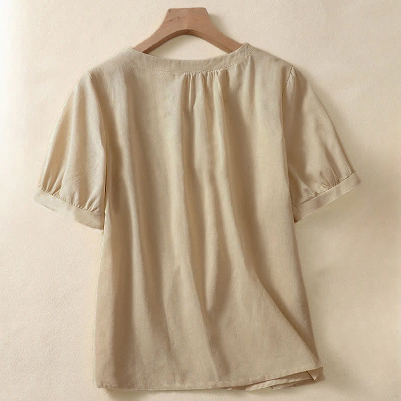 Nimara Ritual Casual Women's Plain Crew Neck Button Design Half Sleeve Linen Shirt