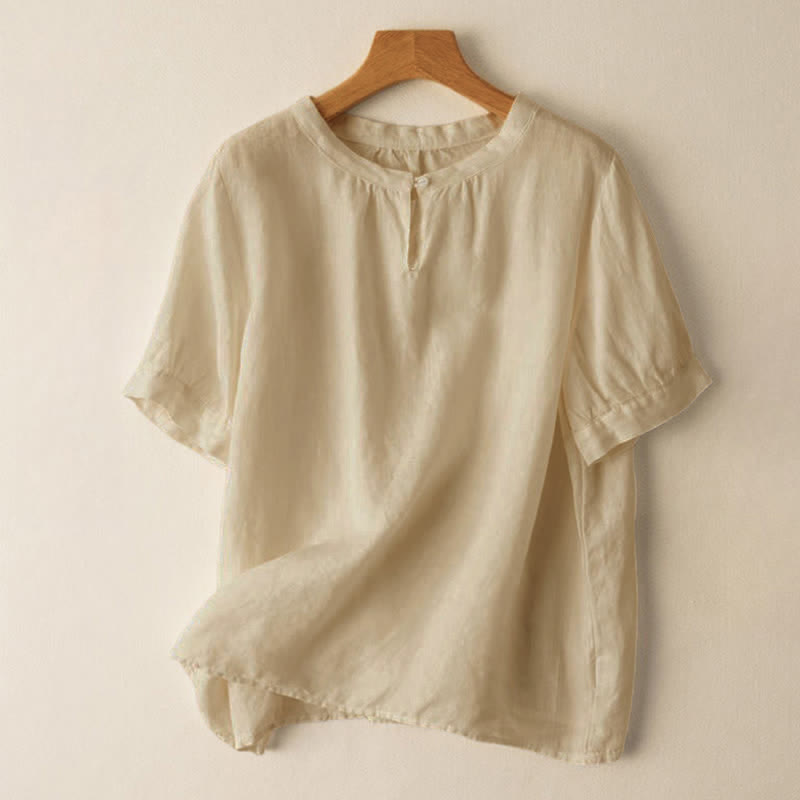 Nimara Ritual Casual Women's Plain Crew Neck Button Design Half Sleeve Linen Shirt