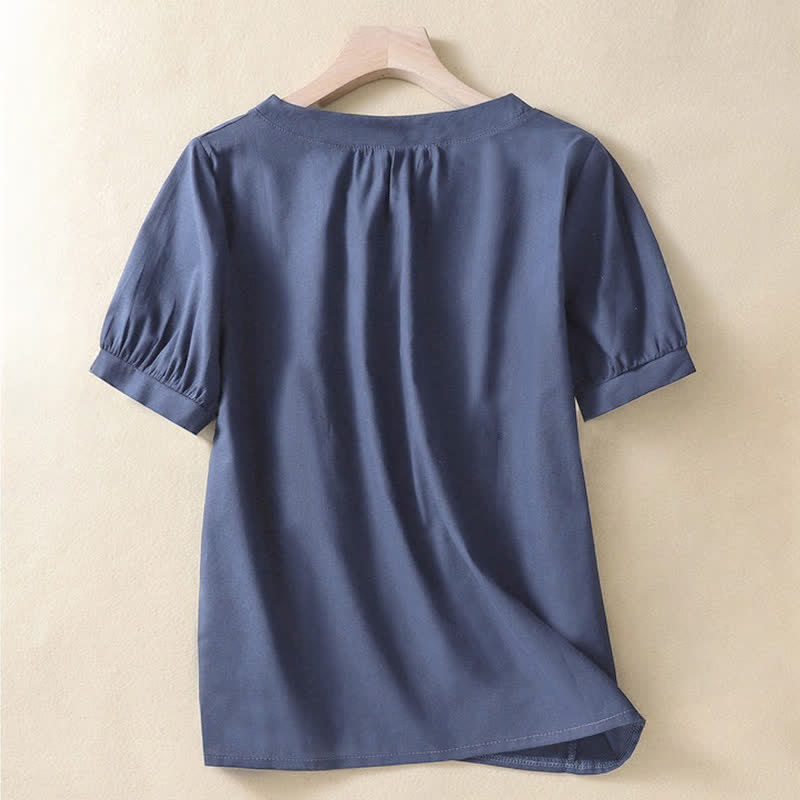 Nimara Ritual Casual Women's Plain Crew Neck Button Design Half Sleeve Linen Shirt