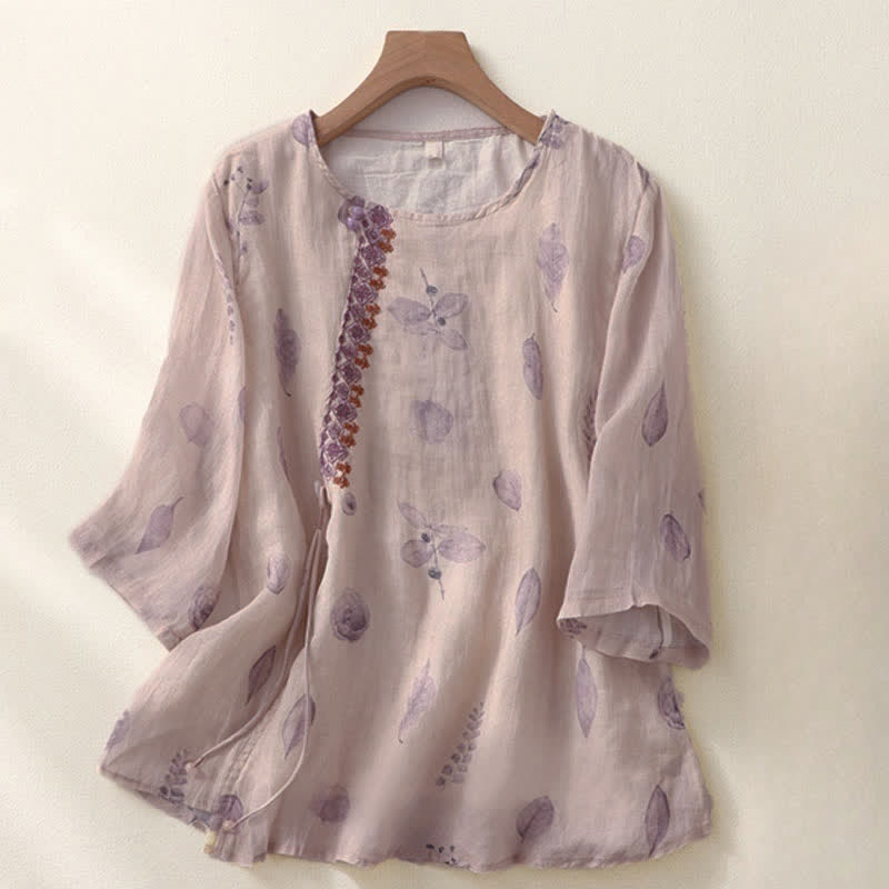 Nimara Ritual Embroidery Design Leaves Women's Three Quarter Sleeve Shirt