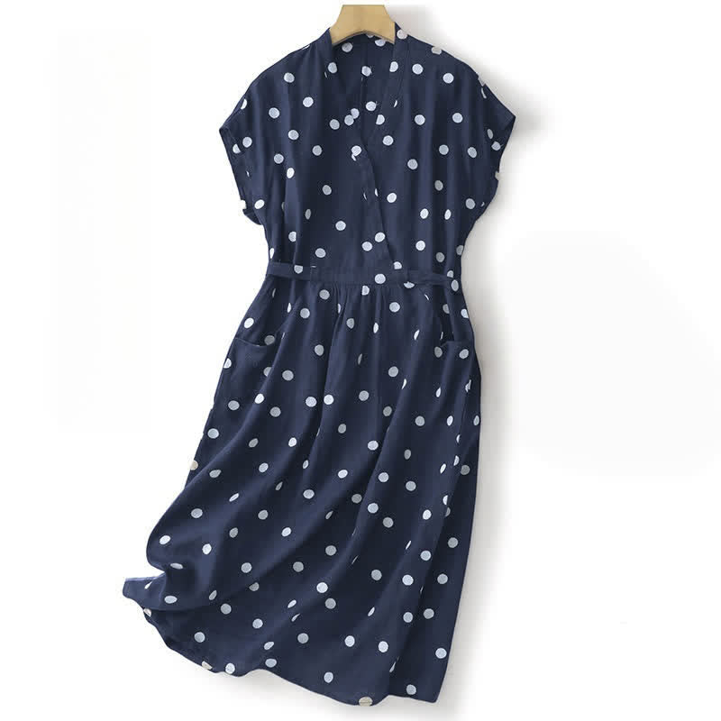 Nimara Ritual Polka Dot V-Neck Lace-up Women's Midi Dress With Pockets