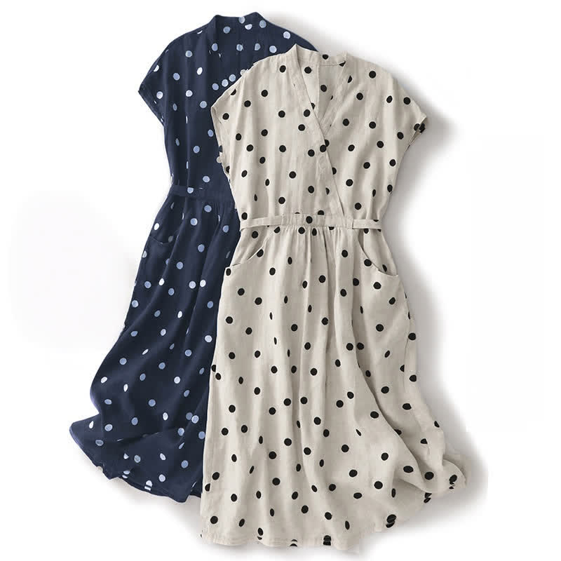 Nimara Ritual Polka Dot V-Neck Lace-up Women's Midi Dress With Pockets