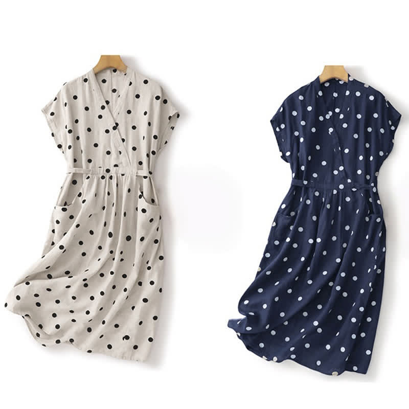 Nimara Ritual Polka Dot V-Neck Lace-up Women's Midi Dress With Pockets
