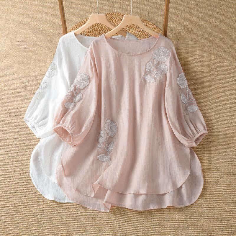 Nimara Ritual Summer Casual Elegant Embroidery White Floral Crew Neck Women's Long Sleeve T-Shirt