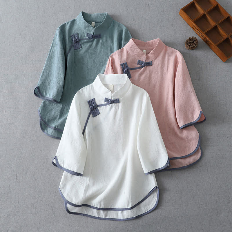 Nimara Ritual Summer Tang Style Minimalist Mandarin Collar Frog Button Solid Women's Short Sleeve Shirts