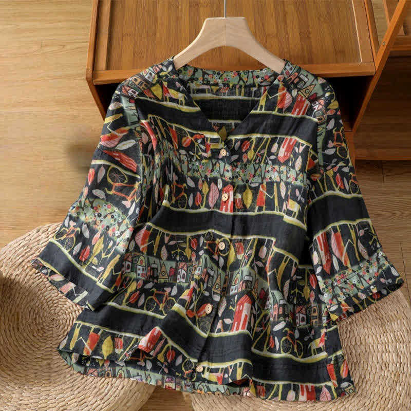 Nimara Ritual Plant Printed V-neck Button Design Women's Polyester Three Quarter Sleeve Shirt