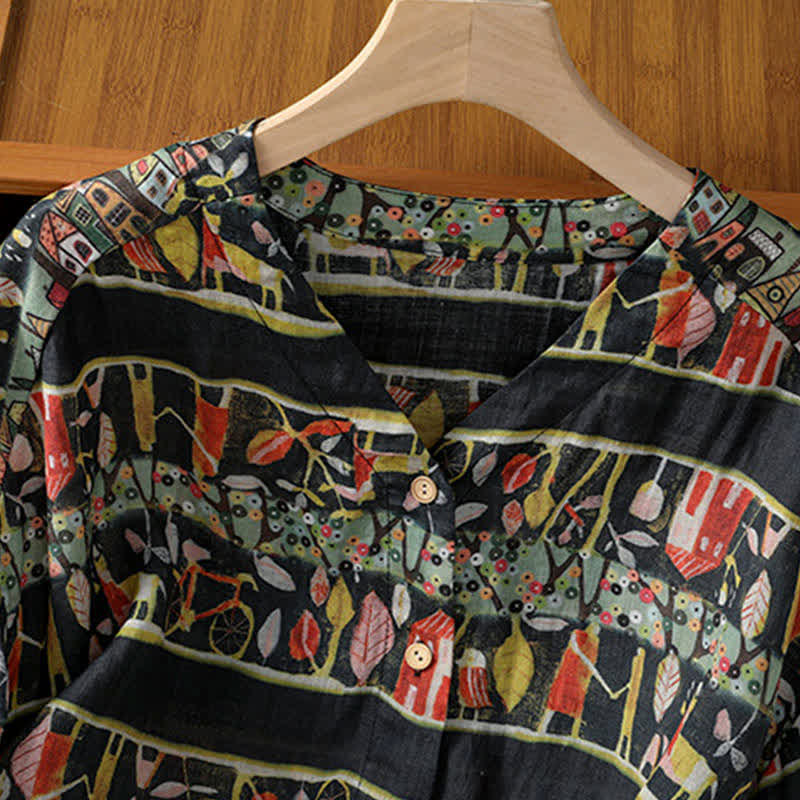 Nimara Ritual Plant Printed V-neck Button Design Women's Polyester Three Quarter Sleeve Shirt