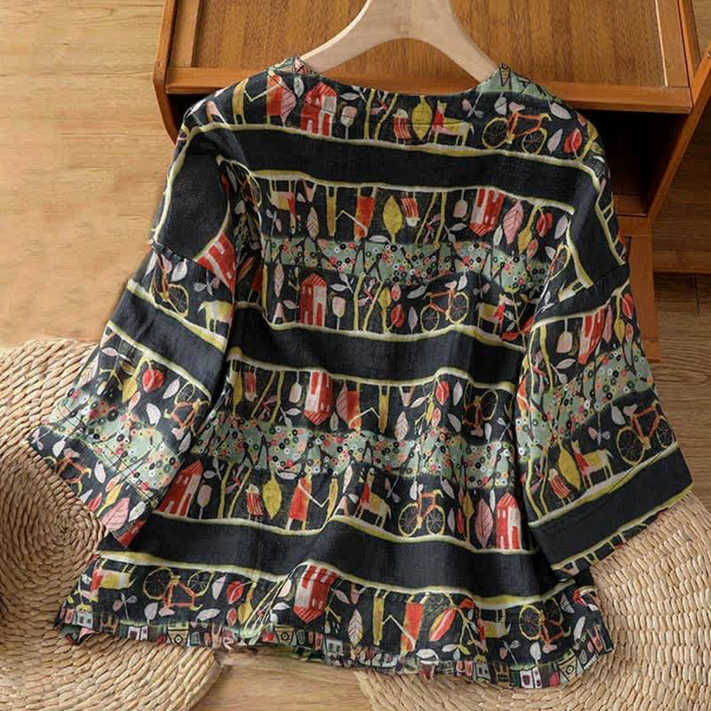 Nimara Ritual Plant Printed V-neck Button Design Women's Polyester Three Quarter Sleeve Shirt