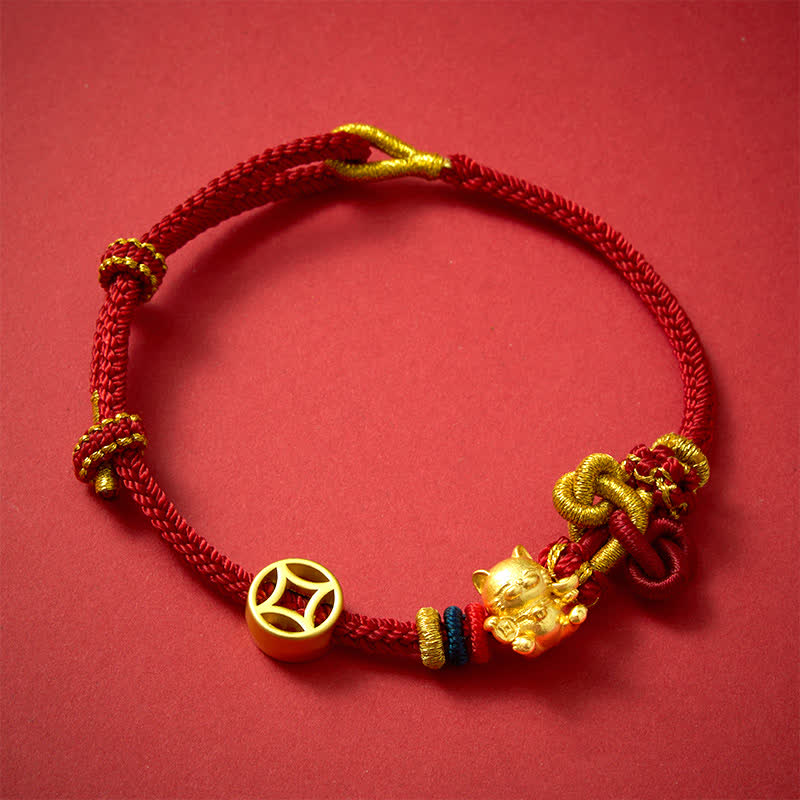 Nimara Ritual Golden Lucky Cat Red String Protection Braided Bracelet