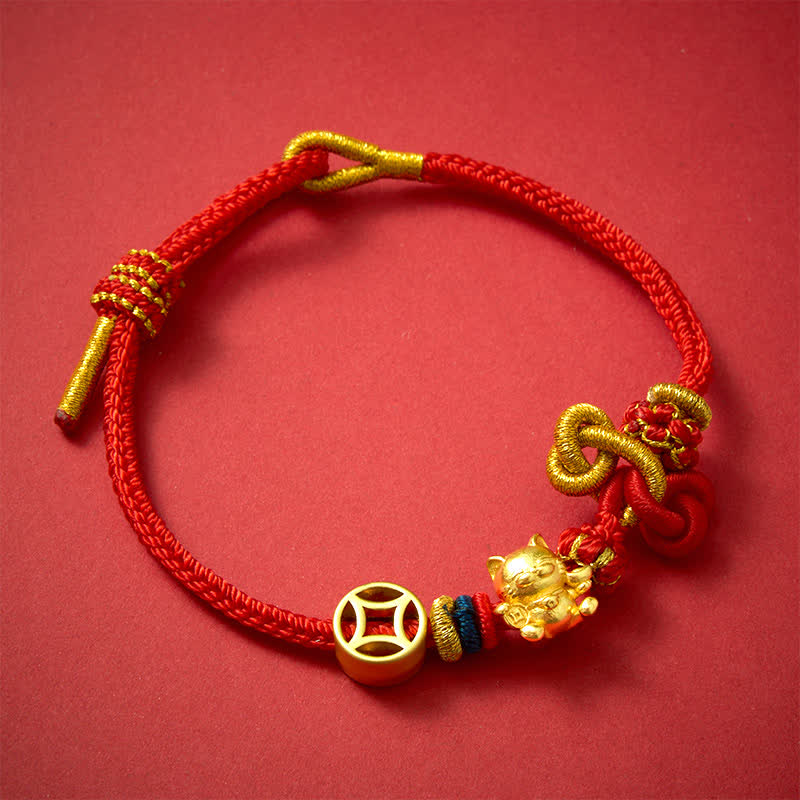 Nimara Ritual Golden Lucky Cat Red String Protection Braided Bracelet